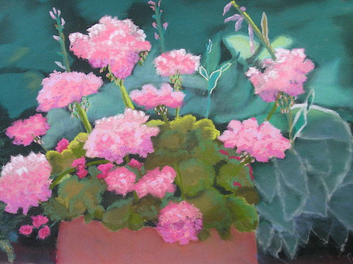 "Pink Geranium" - A large pastel painting of a pot of geraniums.  Presently residing in the quiet room of the Haslett Libray, Haslett, Michigan