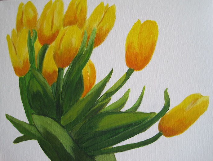 "Yellow Tulip" - A smaller acrylic painting of yellow tulips and showing their posture as they seek the light.