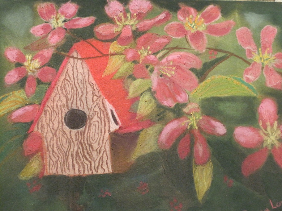 "Birdhouse" - A pastel painting of a birdhouse in a friend&#39;s garden.