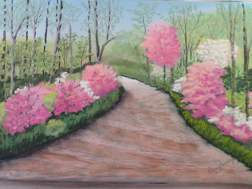 "Spring Countryside" - A pastel painting showing spring exploding in pinks and greens on the Indiana countryside.